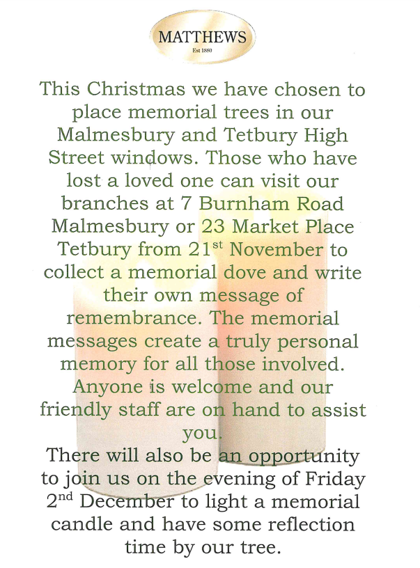 Matthews of Malmesbury - Memorial Christmas Tree